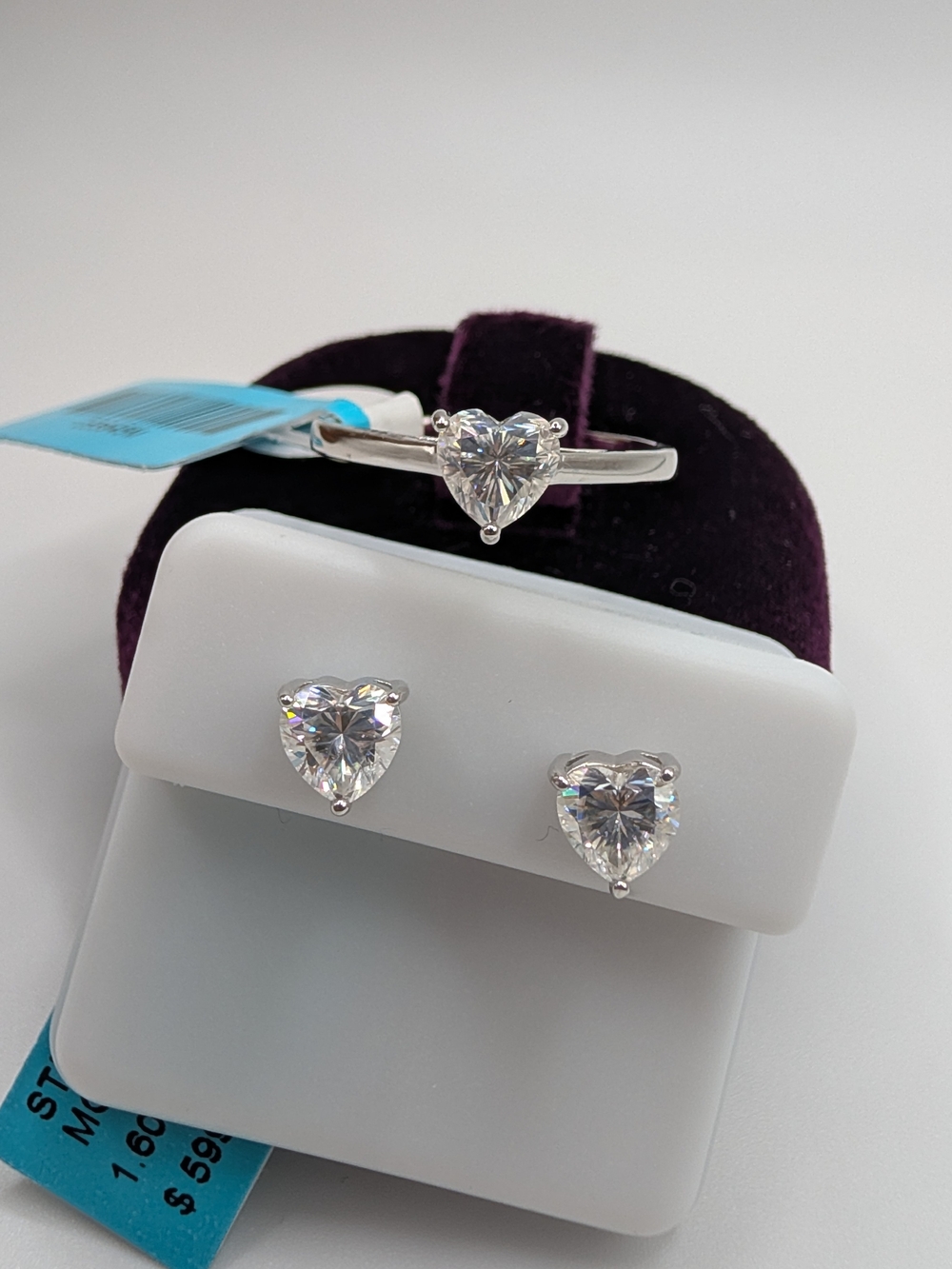 NEW 925 Sterling Silver Moissanite Heart Set 2.40 CTW Ring & Earrings Bundle